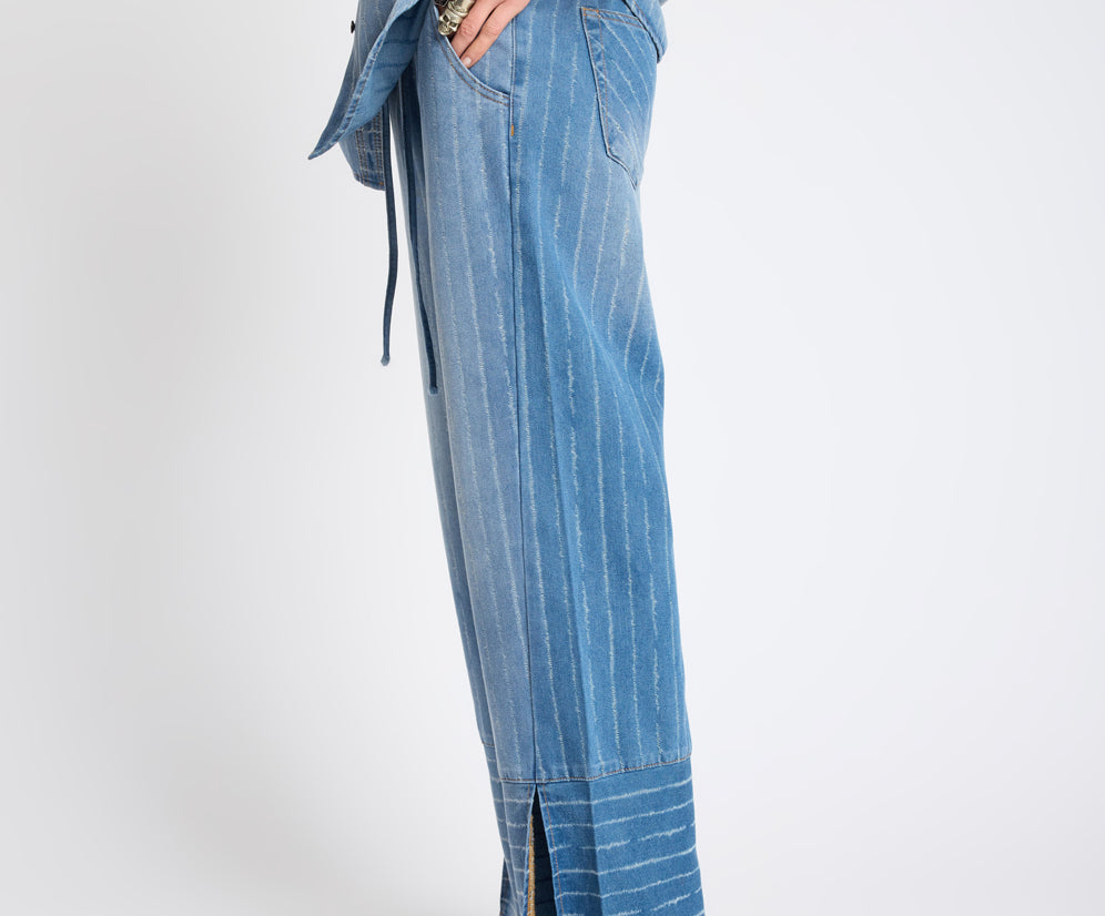 Roadhouse Mid Waist Wide Leg Drawstring Denim Jeans - Blue Stripe