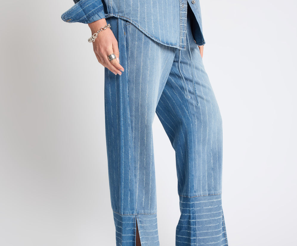 Roadhouse Mid Waist Wide Leg Drawstring Denim Jeans - Blue Stripe