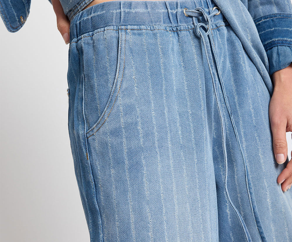 Roadhouse Mid Waist Wide Leg Drawstring Denim Jeans - Blue Stripe