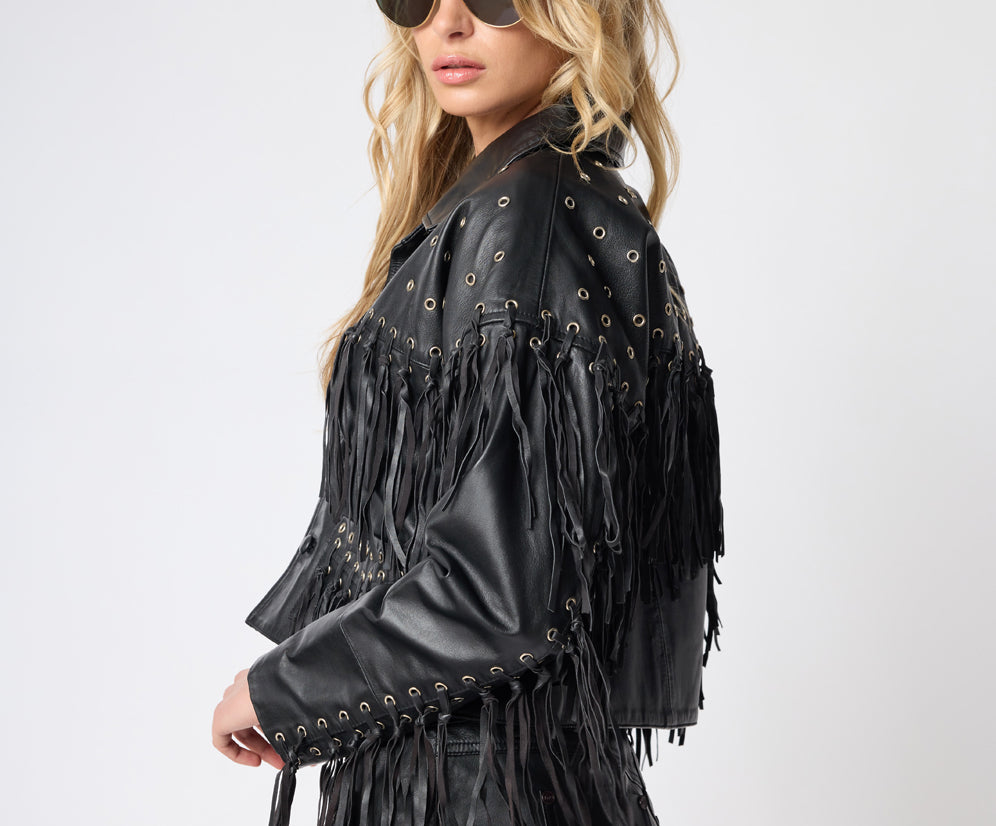 Rogue Rodeo Fringed Cropped Leather Jacket - Black