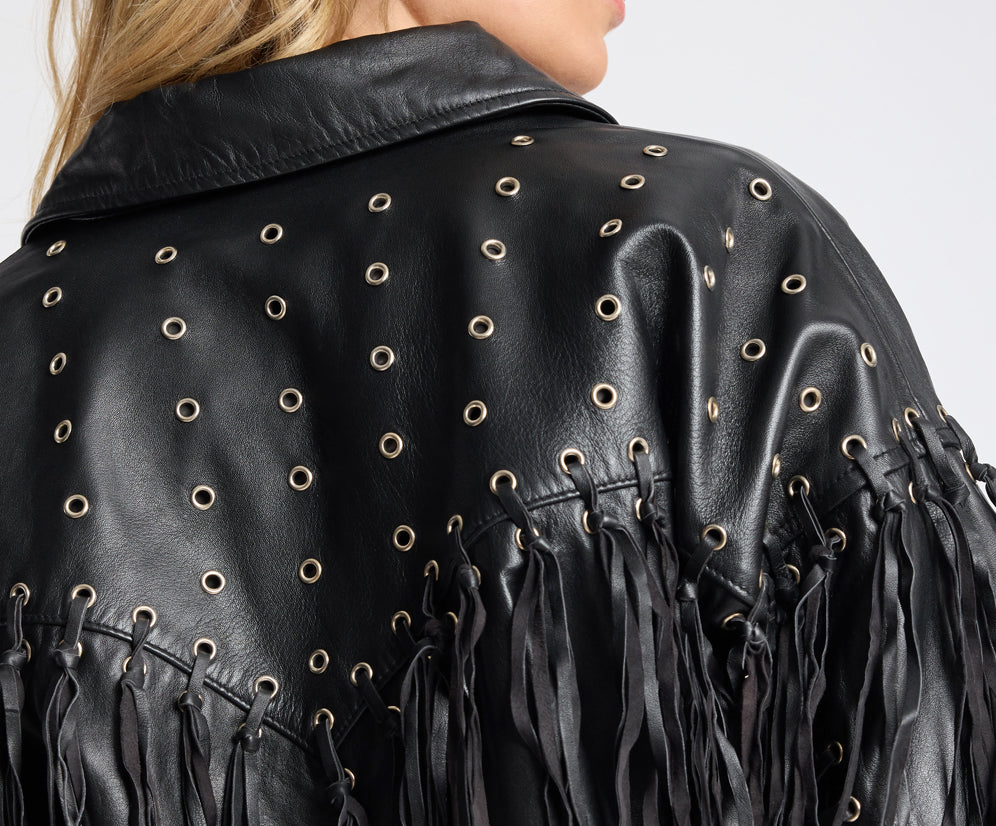 Rogue Rodeo Fringed Cropped Leather Jacket - Black