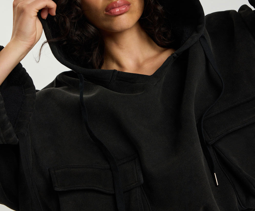 Puff Power Cropped Zip-Off Sleeve Hoodie  - Vintage Black