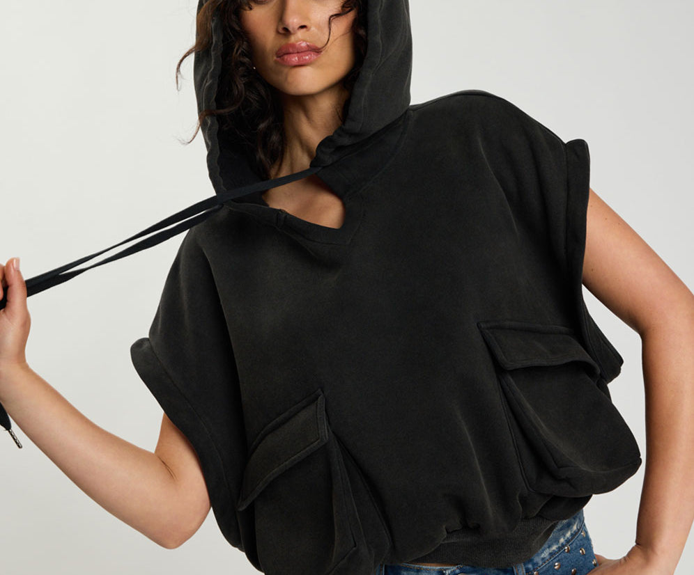 Puff Power Cropped Zip-Off Sleeve Hoodie  - Vintage Black