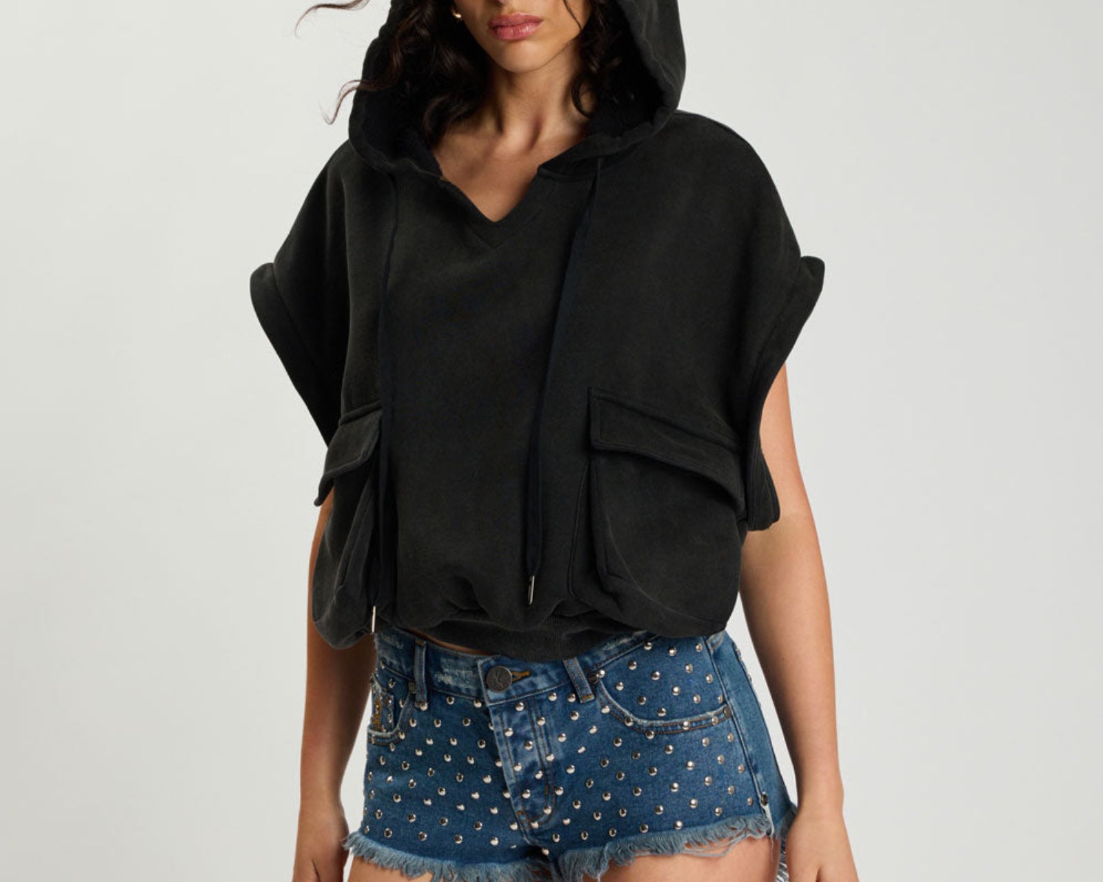 Puff Power Cropped Zip-Off Sleeve Hoodie  - Vintage Black