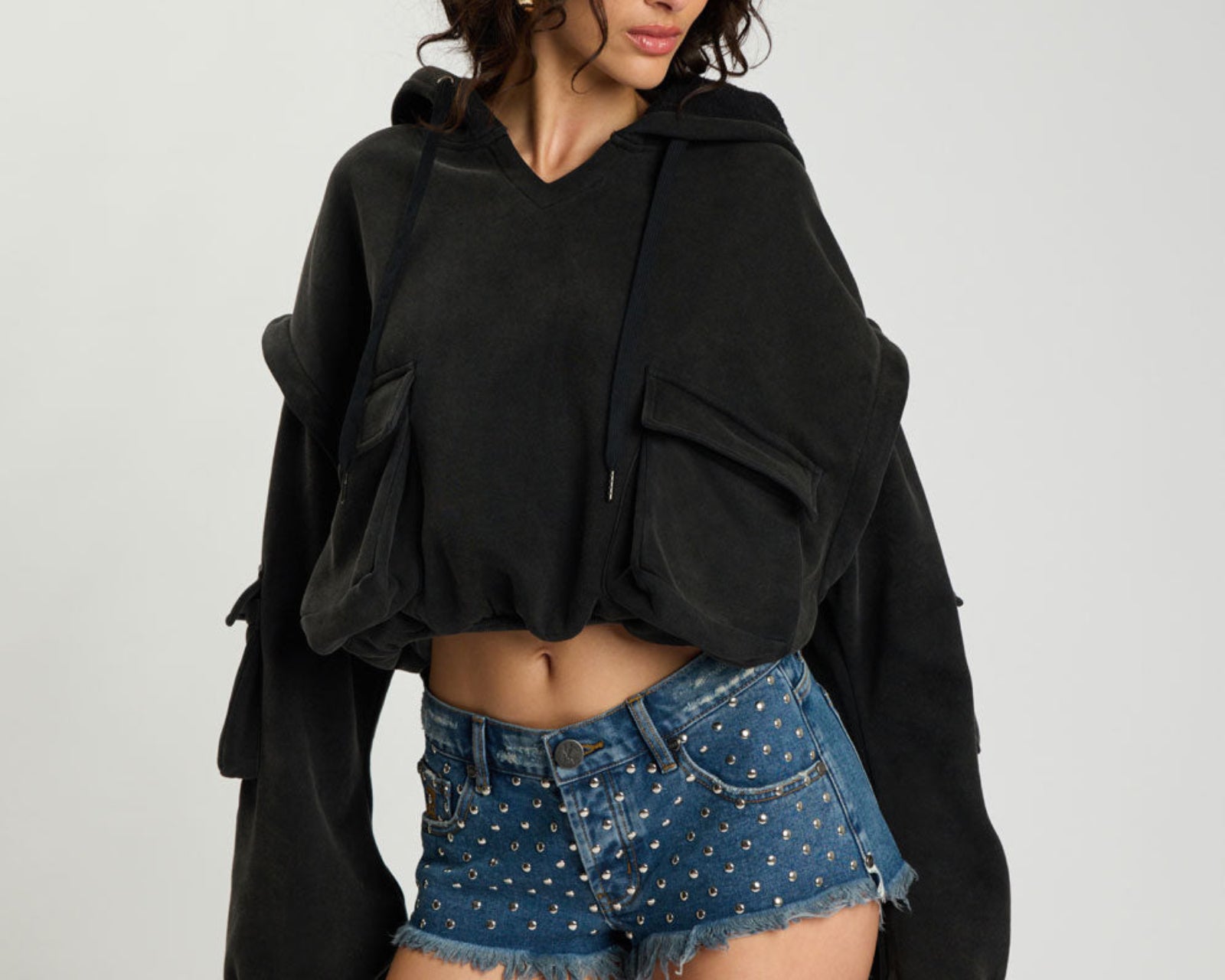 Puff Power Cropped Zip-Off Sleeve Hoodie  - Vintage Black