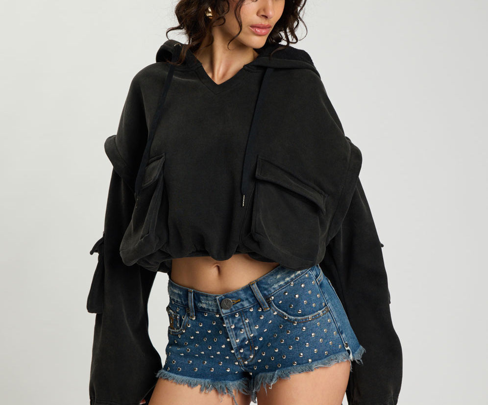 Puff Power Cropped Zip-Off Sleeve Hoodie  - Vintage Black