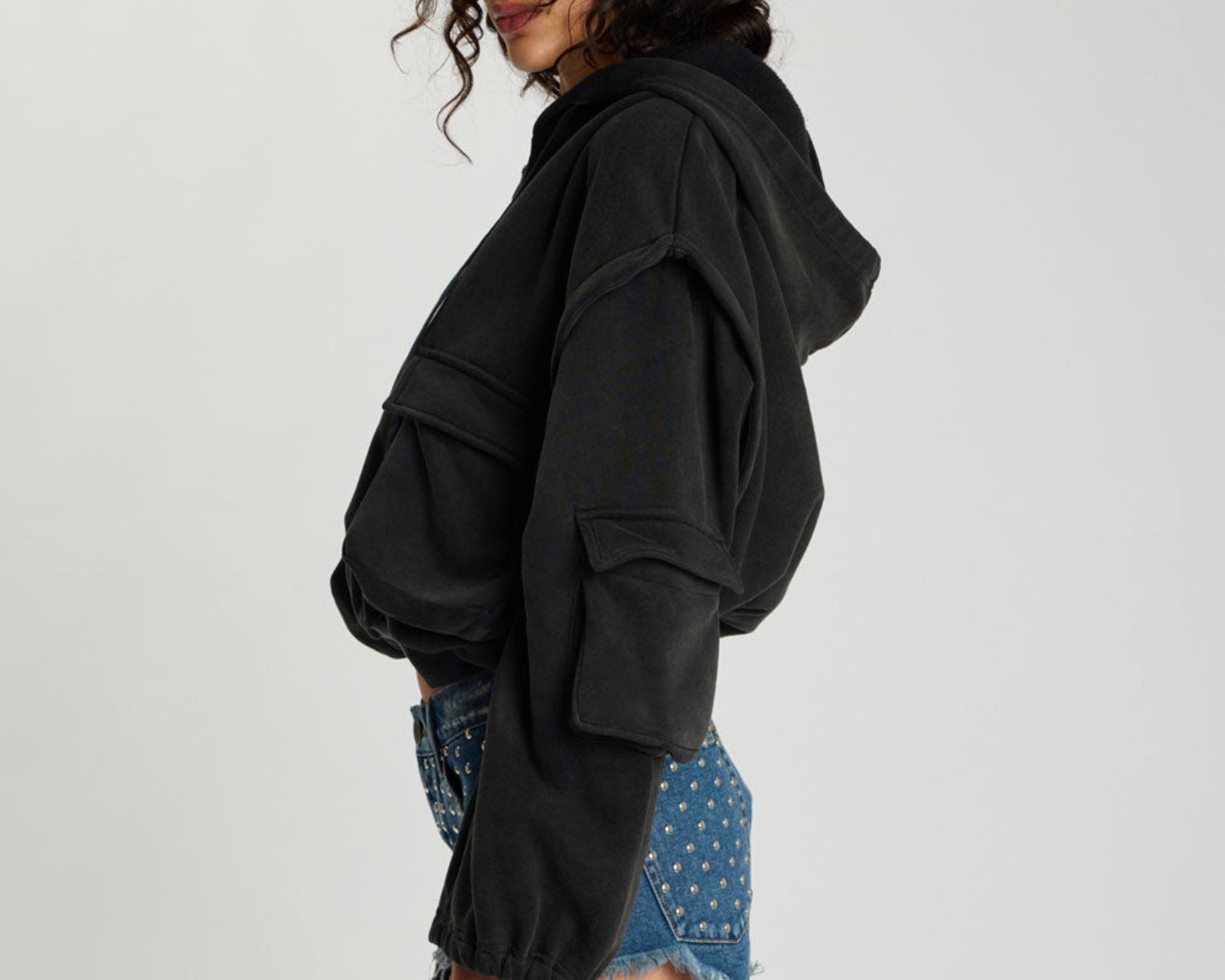 Puff Power Cropped Zip-Off Sleeve Hoodie  - Vintage Black