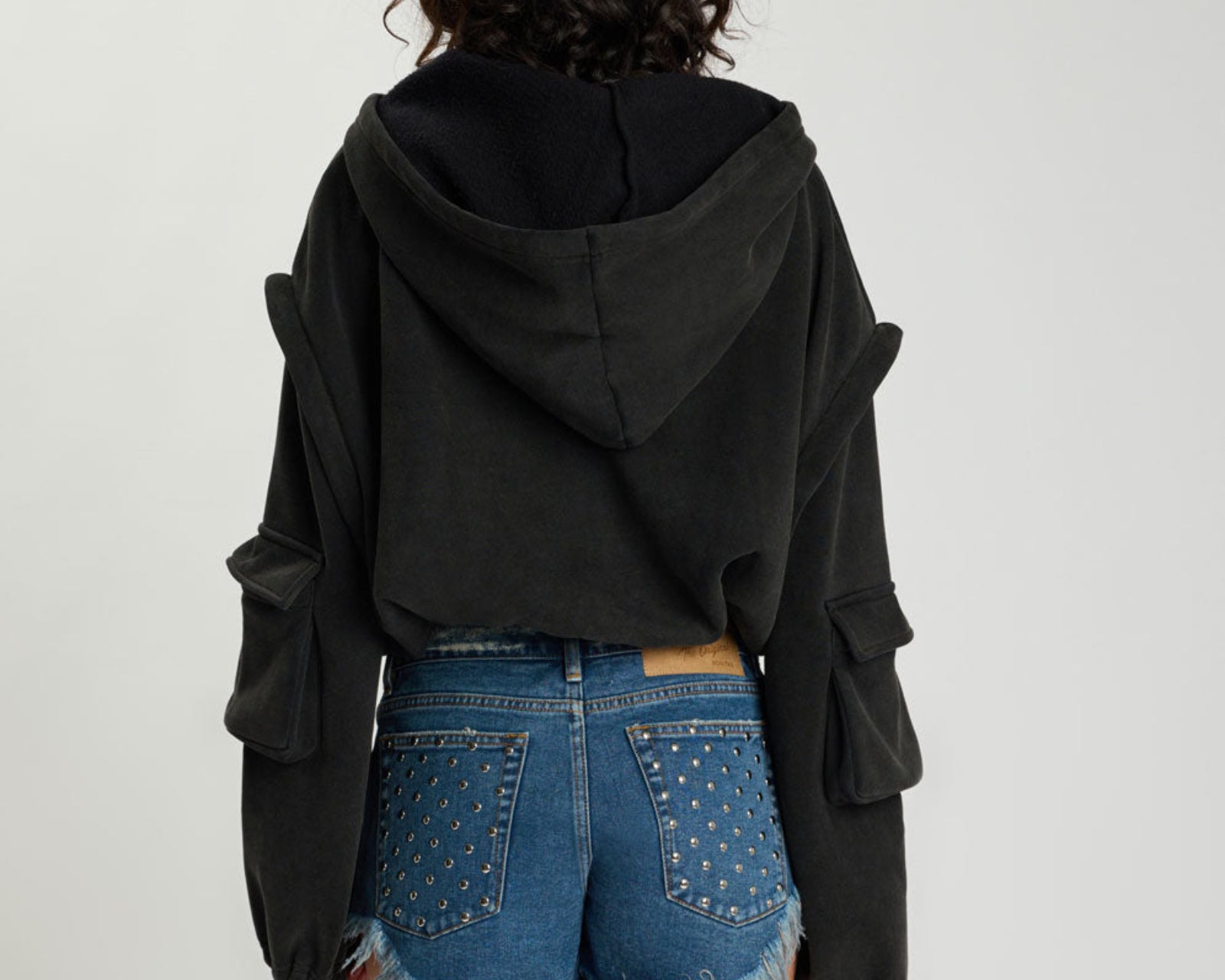 Puff Power Cropped Zip-Off Sleeve Hoodie  - Vintage Black