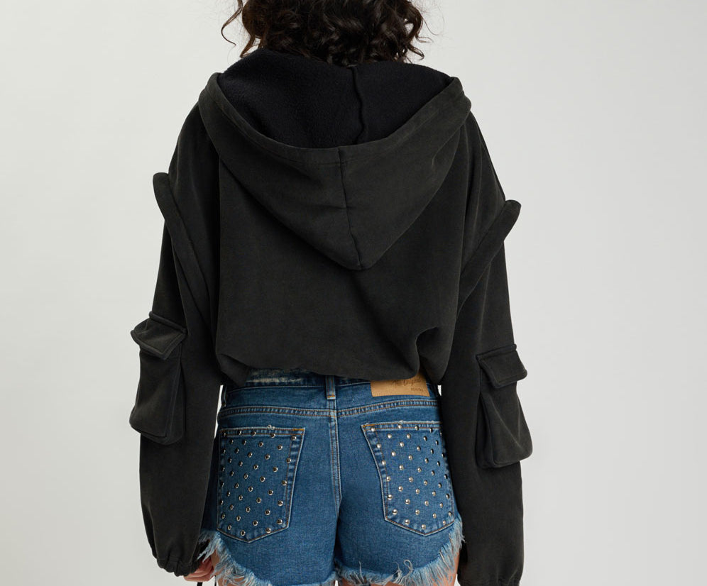 Puff Power Cropped Zip-Off Sleeve Hoodie  - Vintage Black