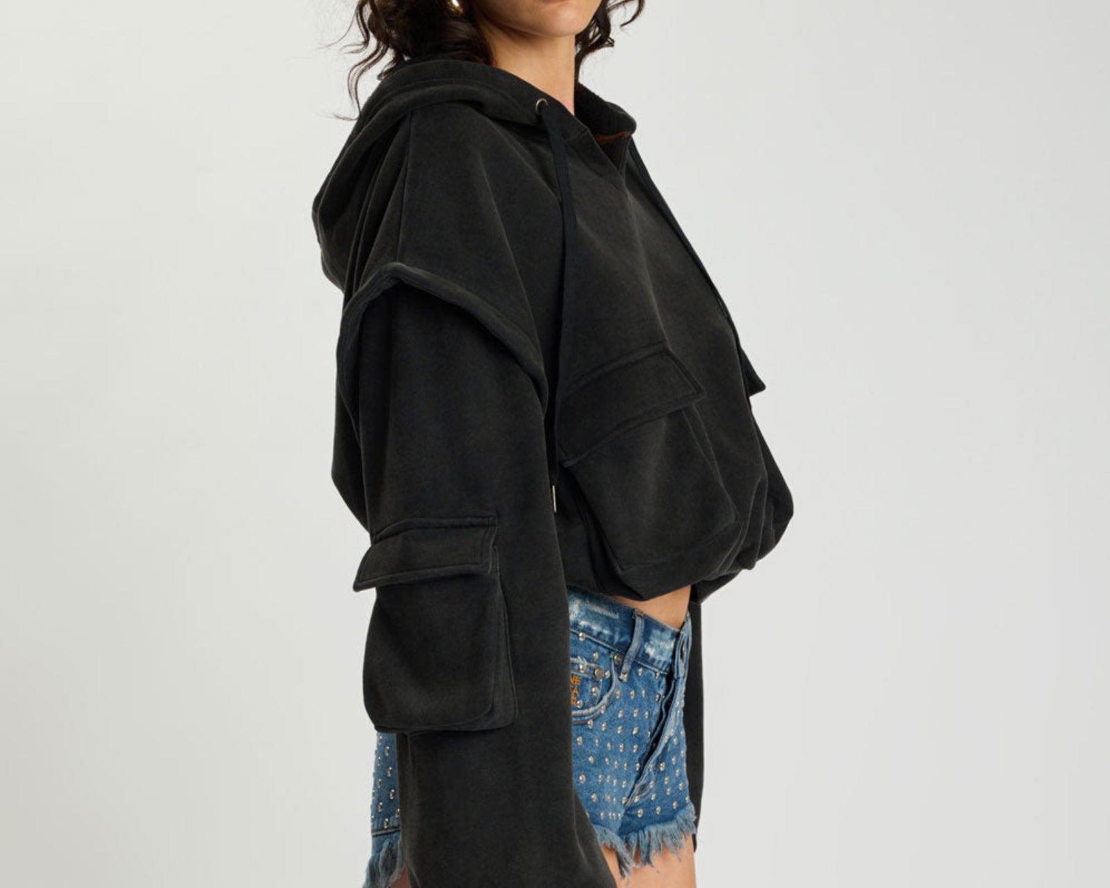 Puff Power Cropped Zip-Off Sleeve Hoodie  - Vintage Black