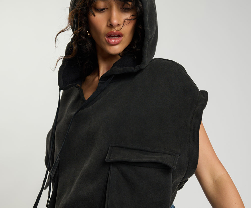 Puff Power Cropped Zip-Off Sleeve Hoodie  - Vintage Black