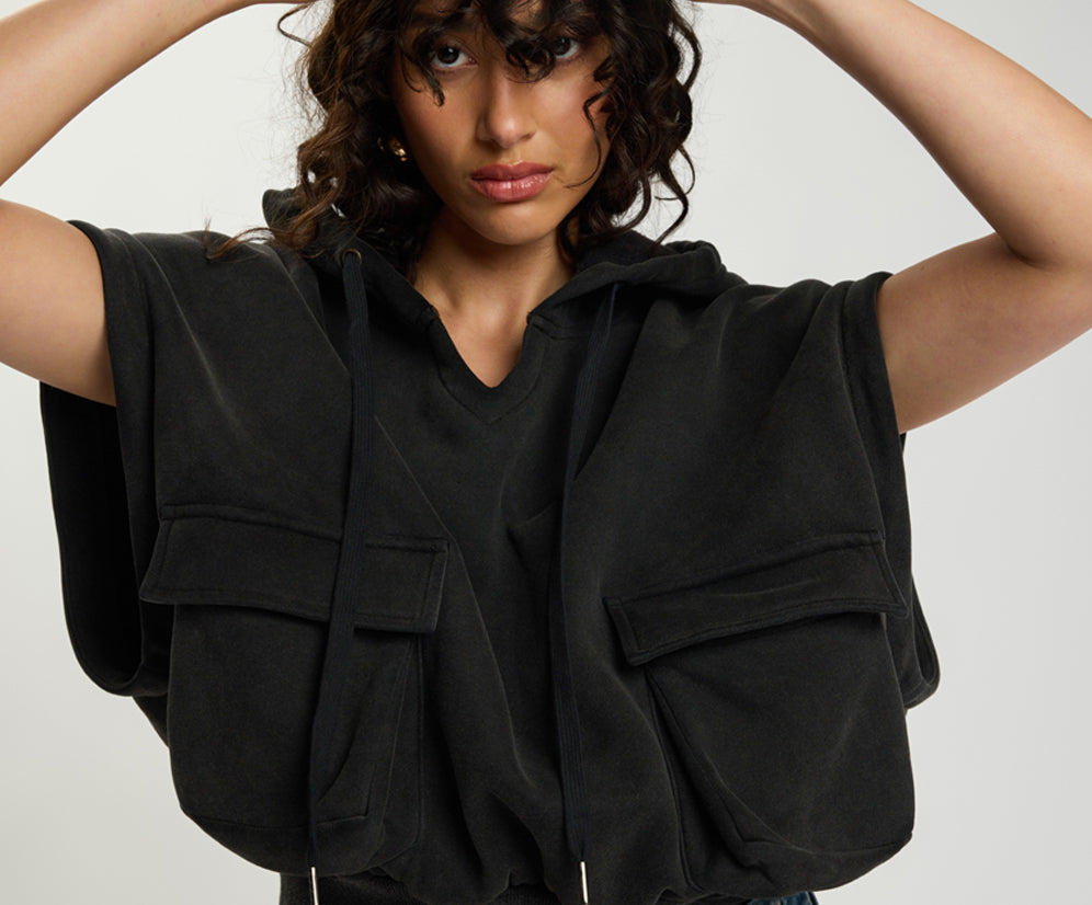 Puff Power Cropped Zip-Off Sleeve Hoodie  - Vintage Black
