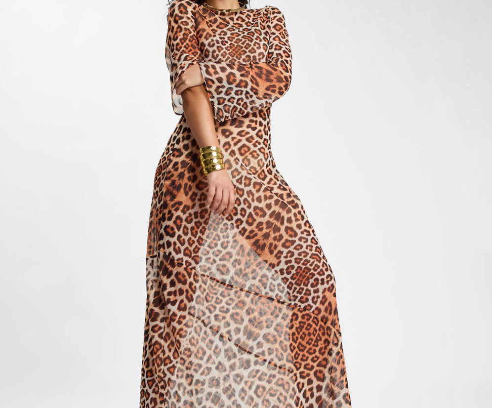 Ziggy Longsleeve Sheer Slip Maxi Dress - Leopard Print
