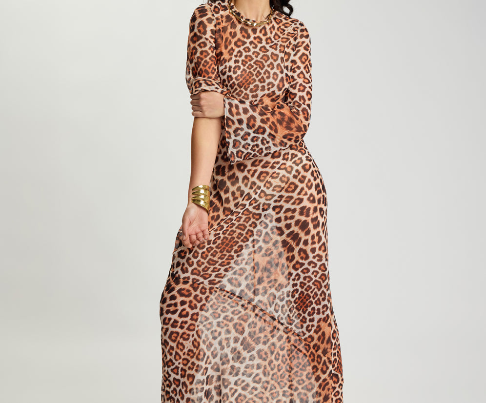 Ziggy Longsleeve Sheer Slip Maxi Dress - Leopard Print