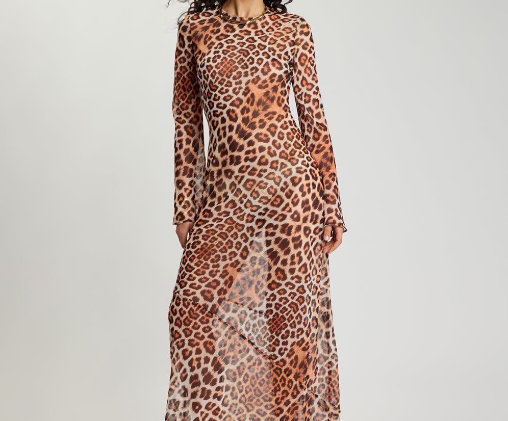 Ziggy Longsleeve Sheer Slip Maxi Dress - Leopard Print