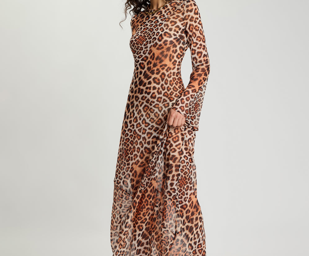 Ziggy Longsleeve Sheer Slip Maxi Dress - Leopard Print