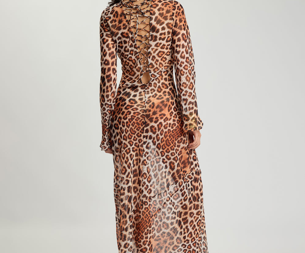 Ziggy Longsleeve Sheer Slip Maxi Dress - Leopard Print