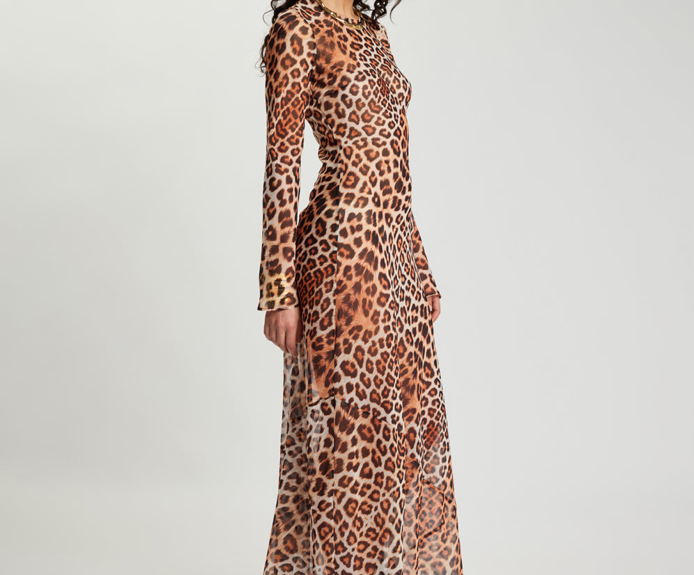 Ziggy Longsleeve Sheer Slip Maxi Dress - Leopard Print