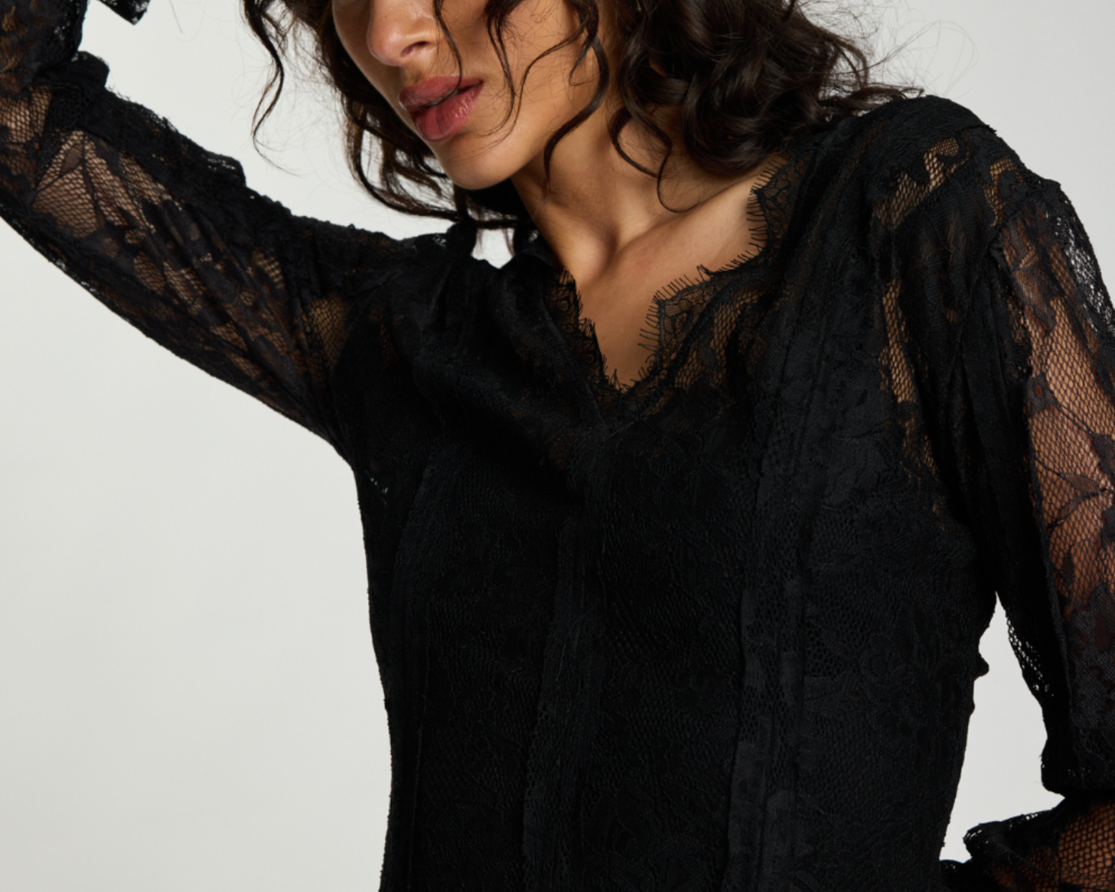Vintage Whisper Lace Longsleeve Mini Dress - Black