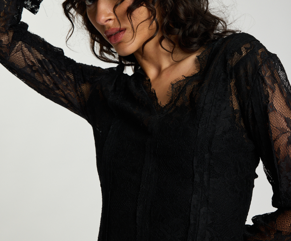 Vintage Whisper Lace Longsleeve Mini Dress - Black