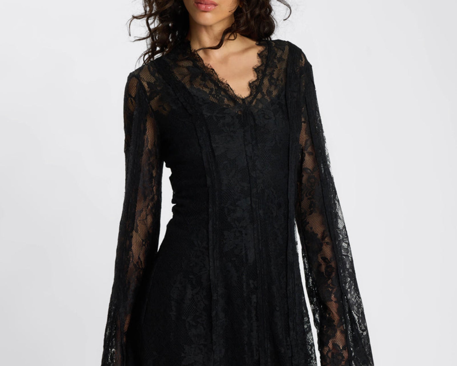 Vintage Whisper Lace Longsleeve Mini Dress - Black