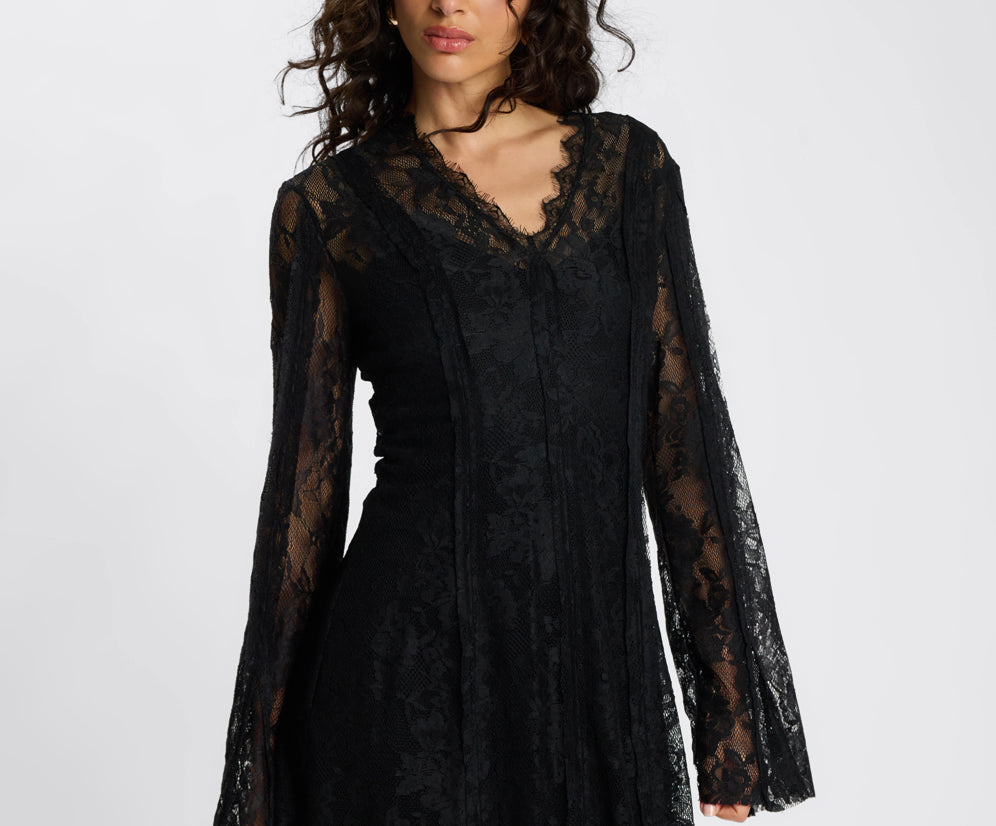 Vintage Whisper Lace Longsleeve Mini Dress - Black
