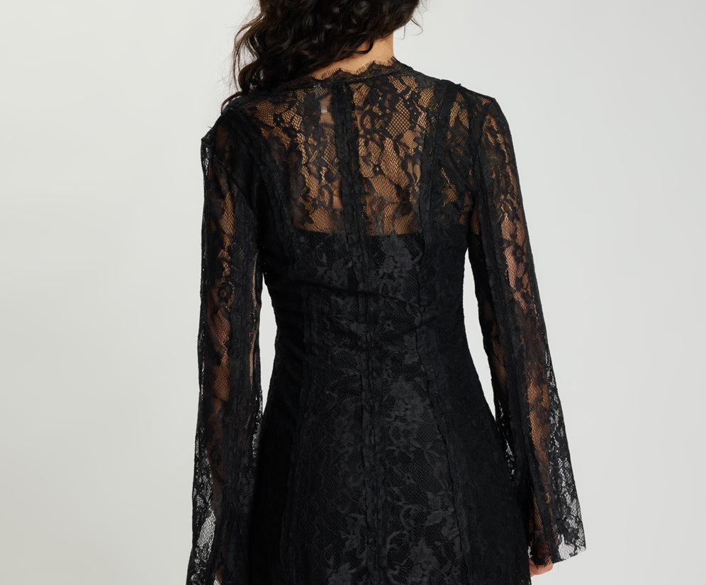 Vintage Whisper Lace Longsleeve Mini Dress - Black