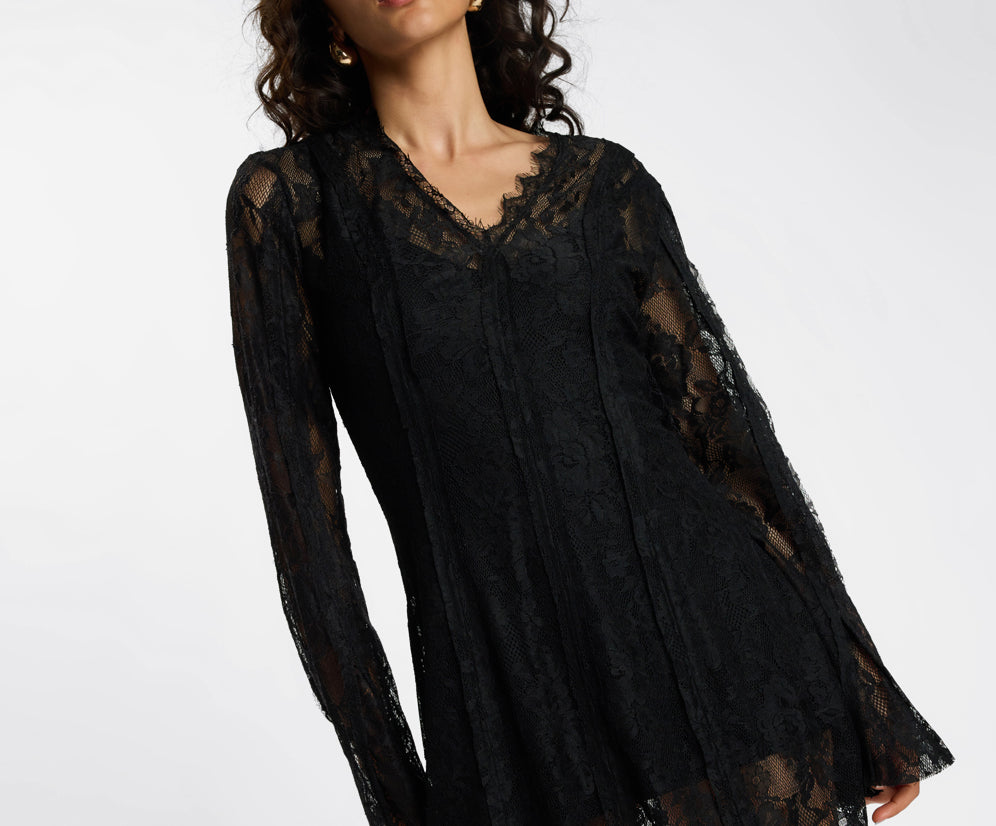 Vintage Whisper Lace Longsleeve Mini Dress - Black