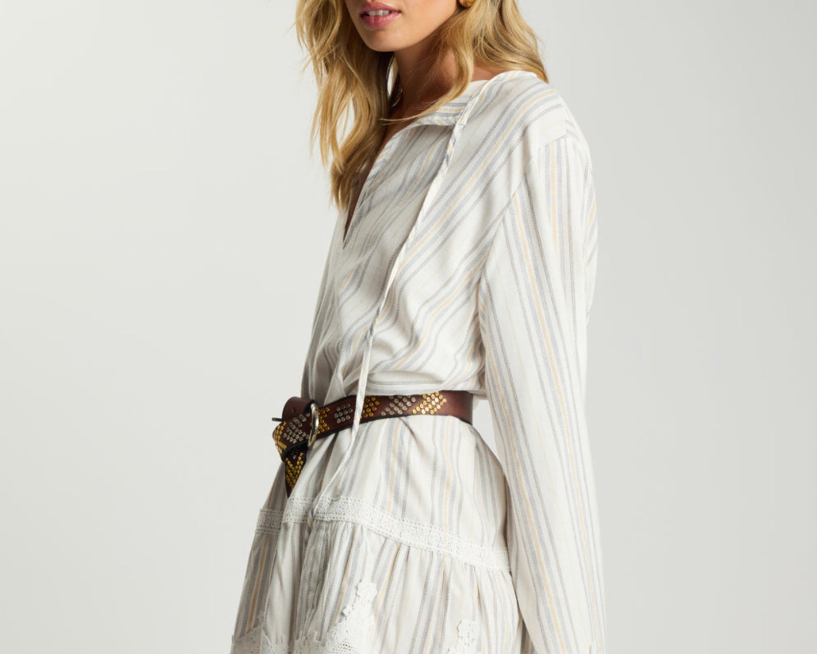 Moonlight Prairie Lace Longsleeve Mini Dress - White Stripe
