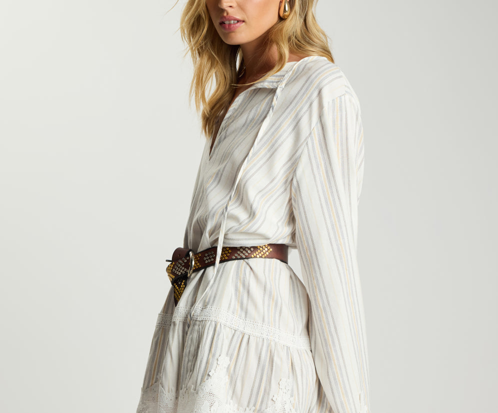 Moonlight Prairie Lace Longsleeve Mini Dress - White Stripe