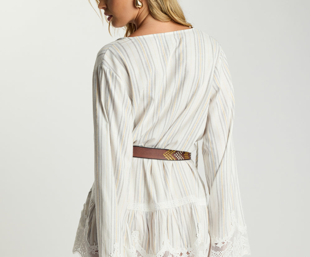 Moonlight Prairie Lace Longsleeve Mini Dress - White Stripe