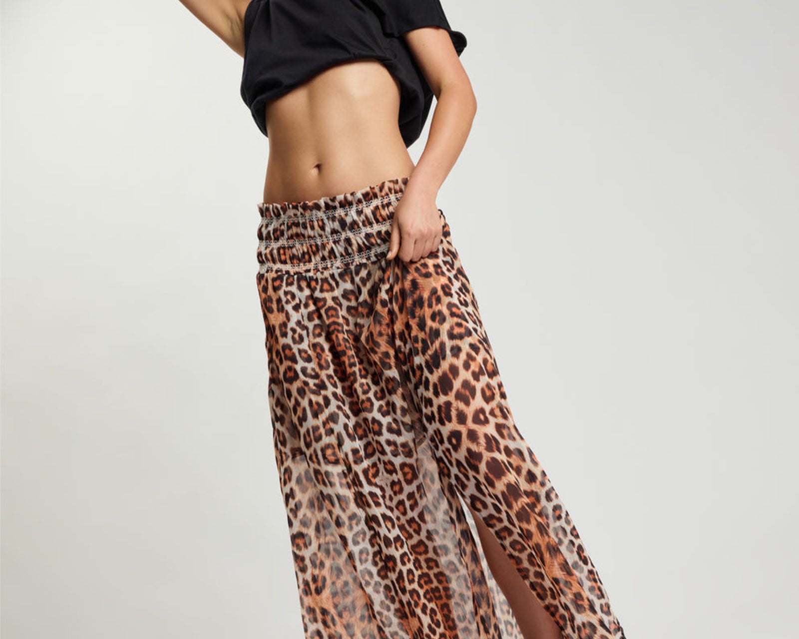 Sheer Shirred Elasticated Maxi Skirt - Leopard Print