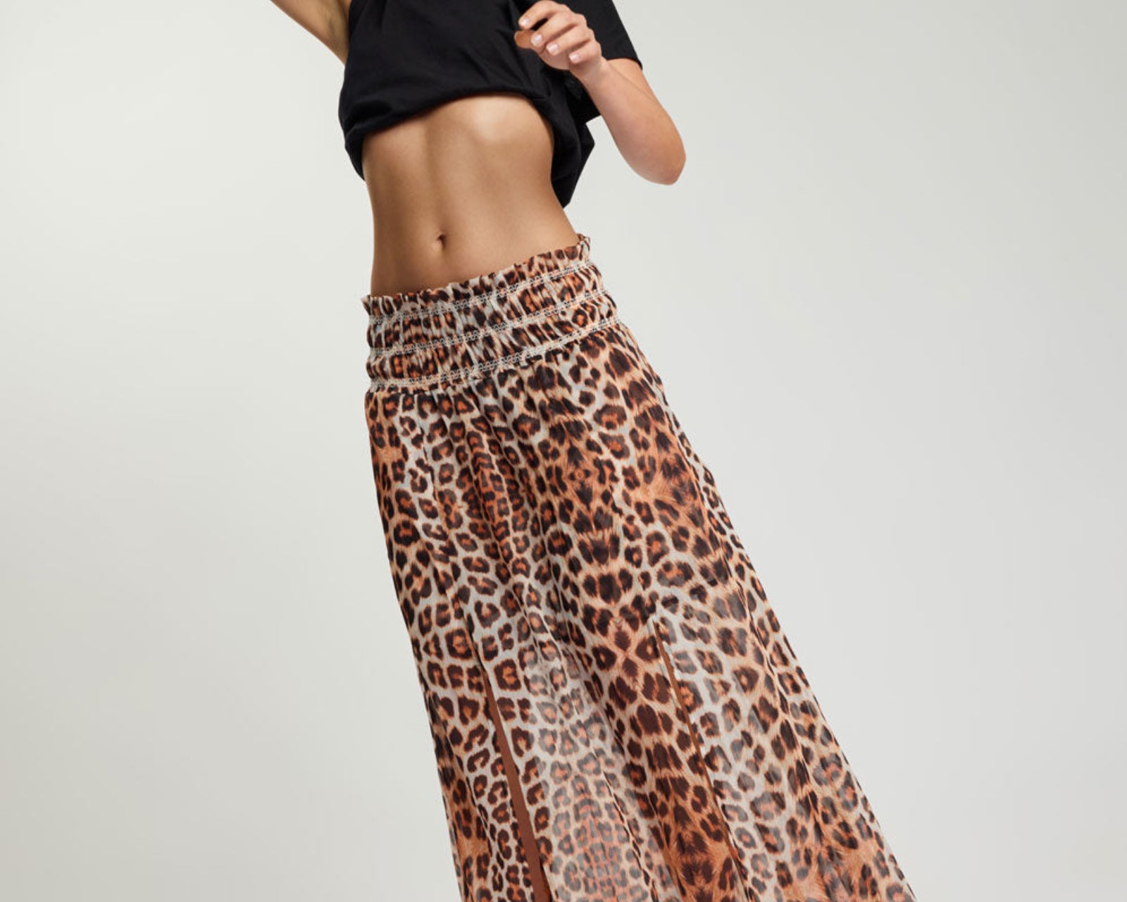 Sheer Shirred Elasticated Maxi Skirt - Leopard Print