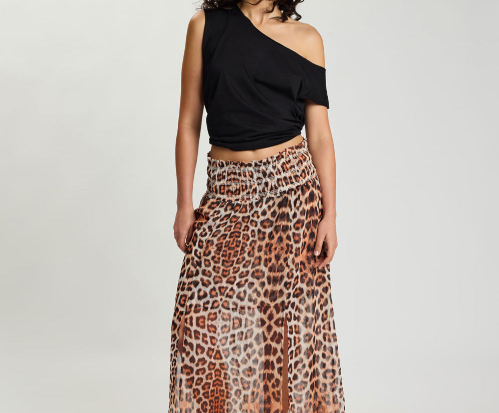 Sheer Shirred Elasticated Maxi Skirt - Leopard Print