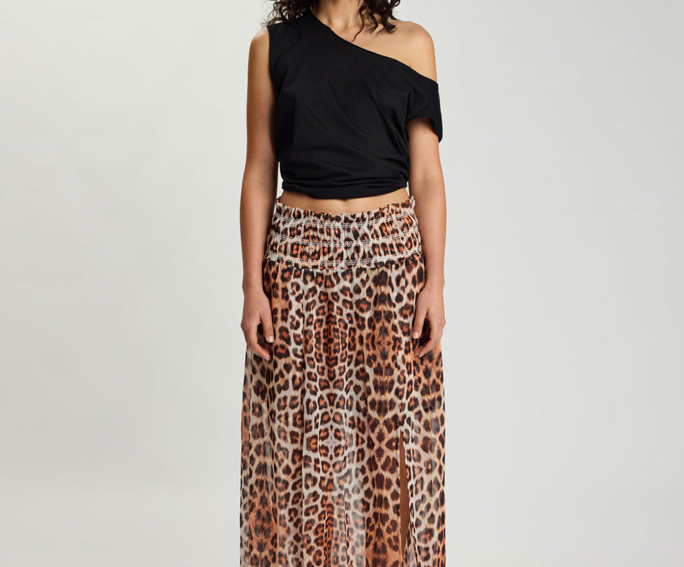 Sheer Shirred Elasticated Maxi Skirt - Leopard Print