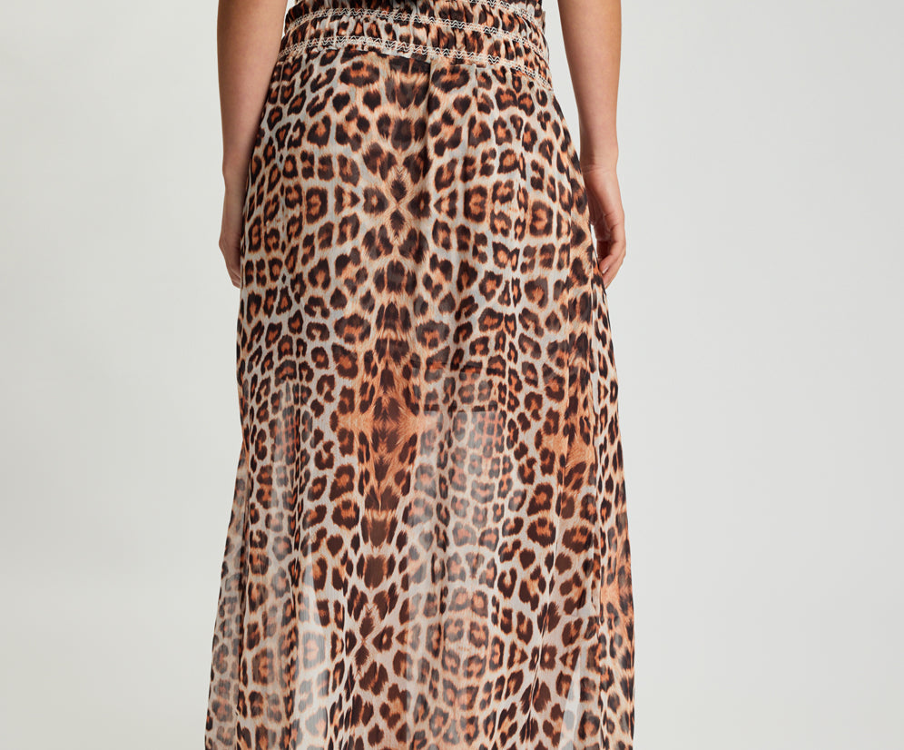 Sheer Shirred Elasticated Maxi Skirt - Leopard Print