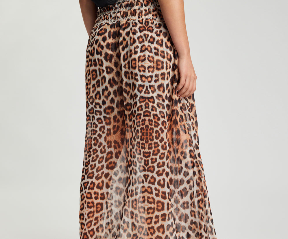 Sheer Shirred Elasticated Maxi Skirt - Leopard Print