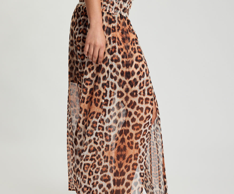 Sheer Shirred Elasticated Maxi Skirt - Leopard Print