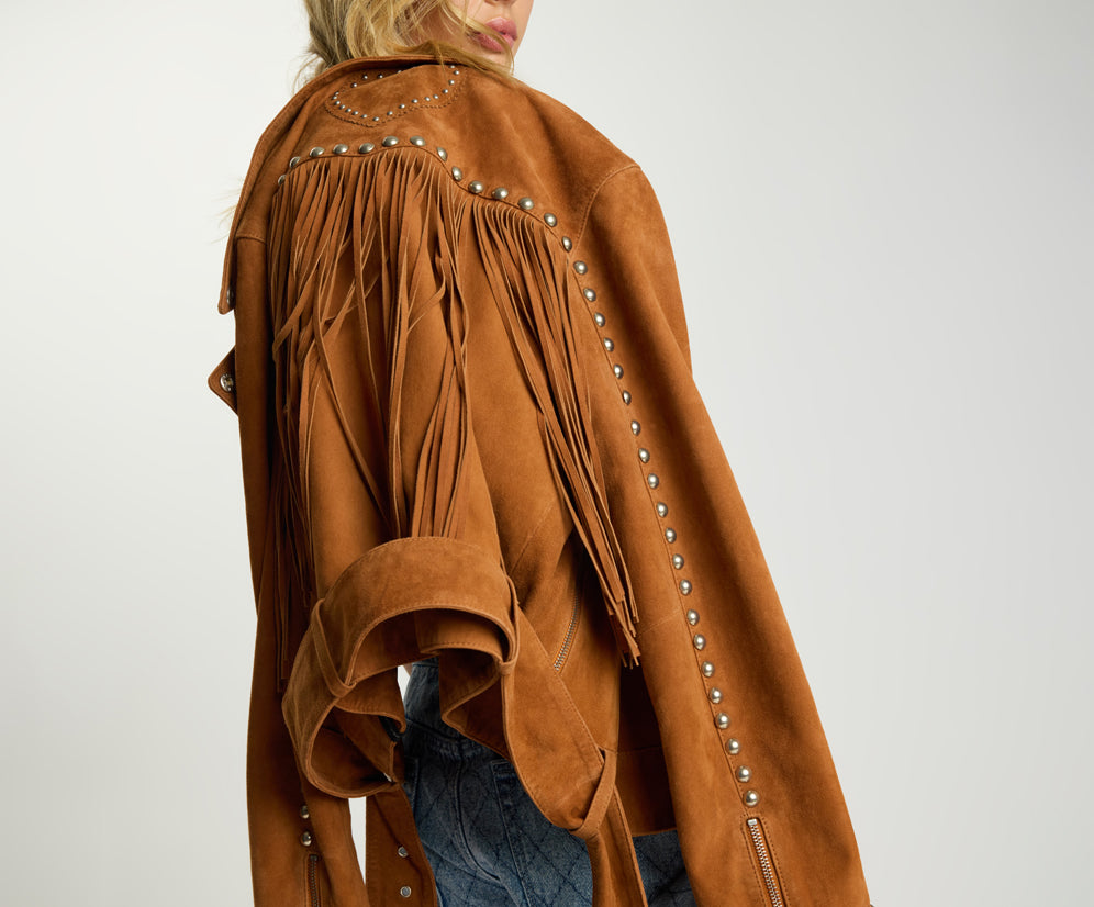 Whiskey Fringed Studded Suede Jacket - Brown