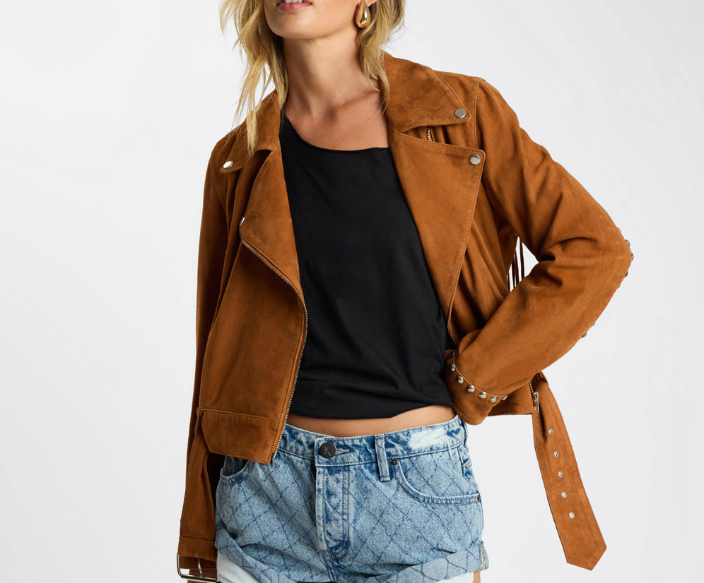 Whiskey Fringed Studded Suede Jacket - Brown