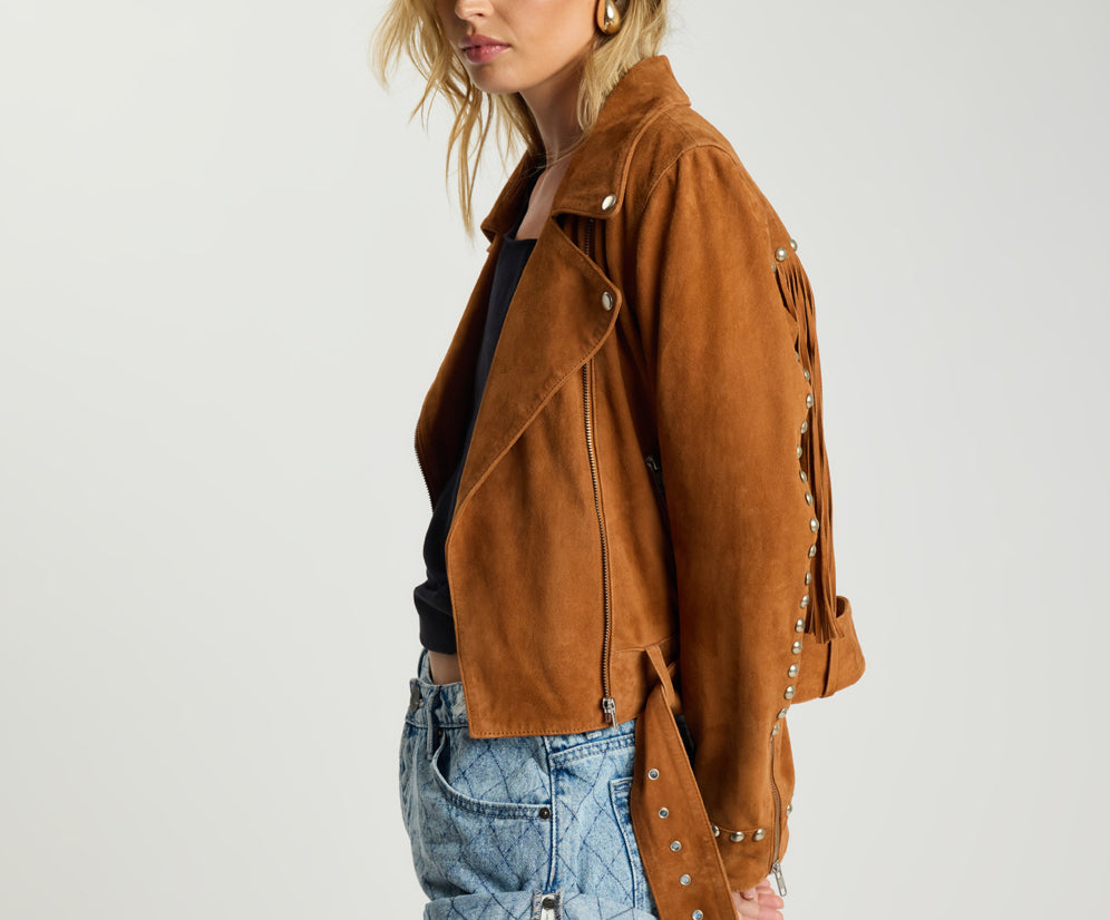 Whiskey Fringed Studded Suede Jacket - Brown