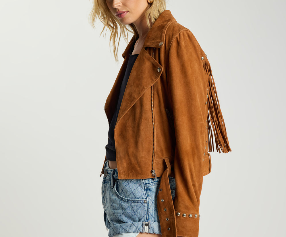 Whiskey Fringed Studded Suede Jacket - Brown
