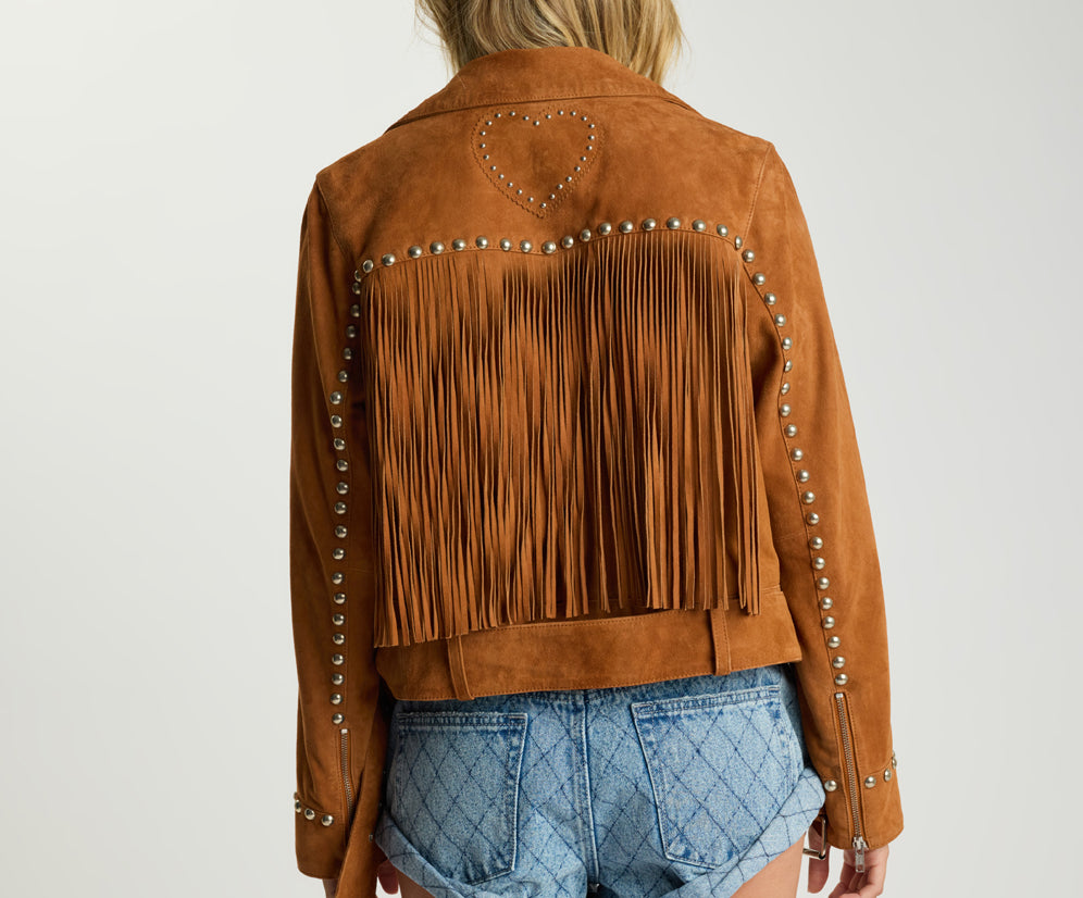 Whiskey Fringed Studded Suede Jacket - Brown