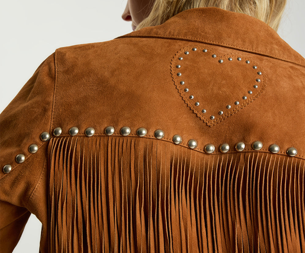Whiskey Fringed Studded Suede Jacket - Brown