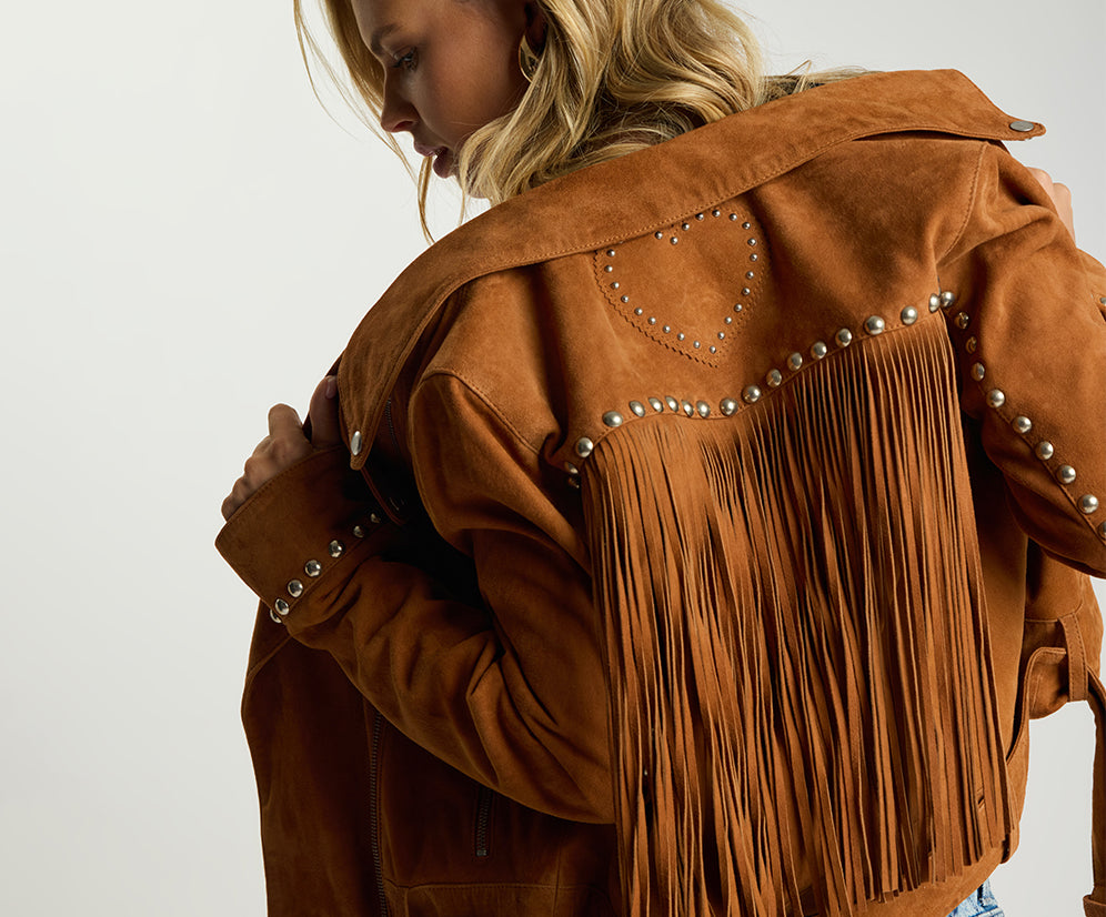 Whiskey Fringed Studded Suede Jacket - Brown