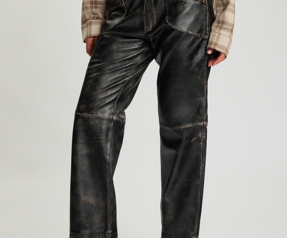 Atlas Carrot Leg Mid Waist Leather Pants - Worn Black
