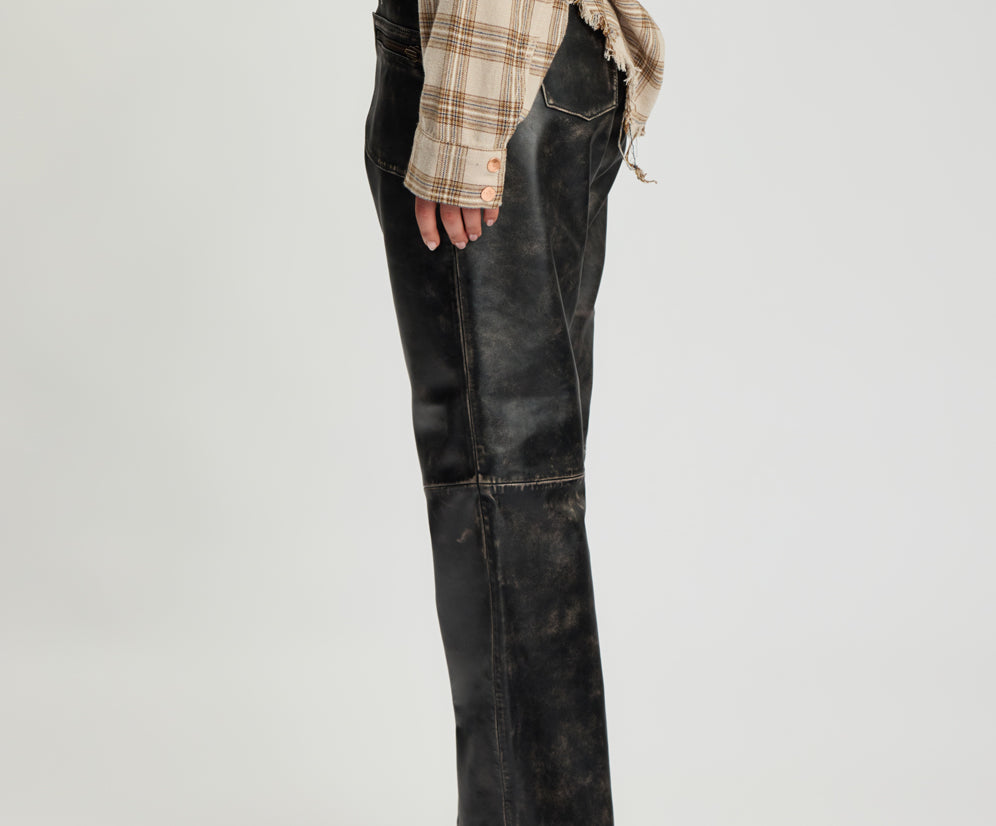 Atlas Carrot Leg Mid Waist Leather Pants - Worn Black