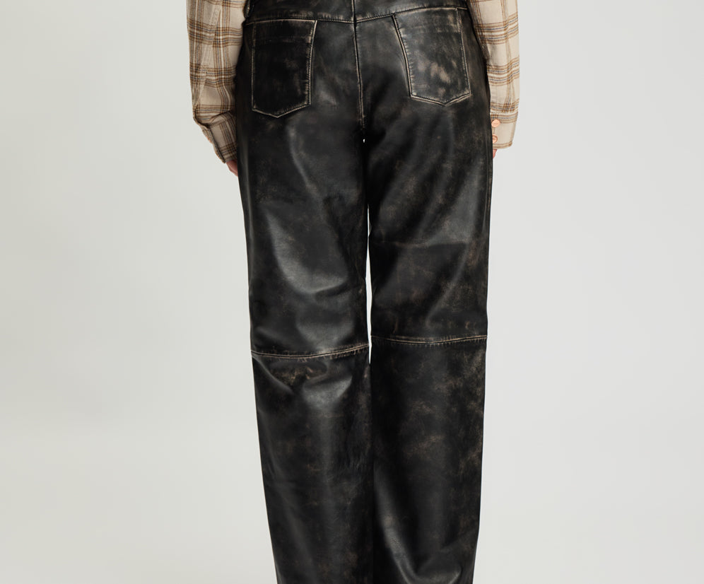 Atlas Carrot Leg Mid Waist Leather Pants - Worn Black