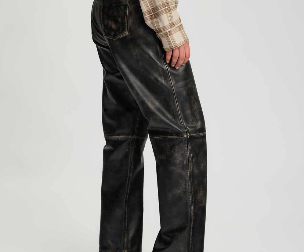Atlas Carrot Leg Mid Waist Leather Pants - Worn Black