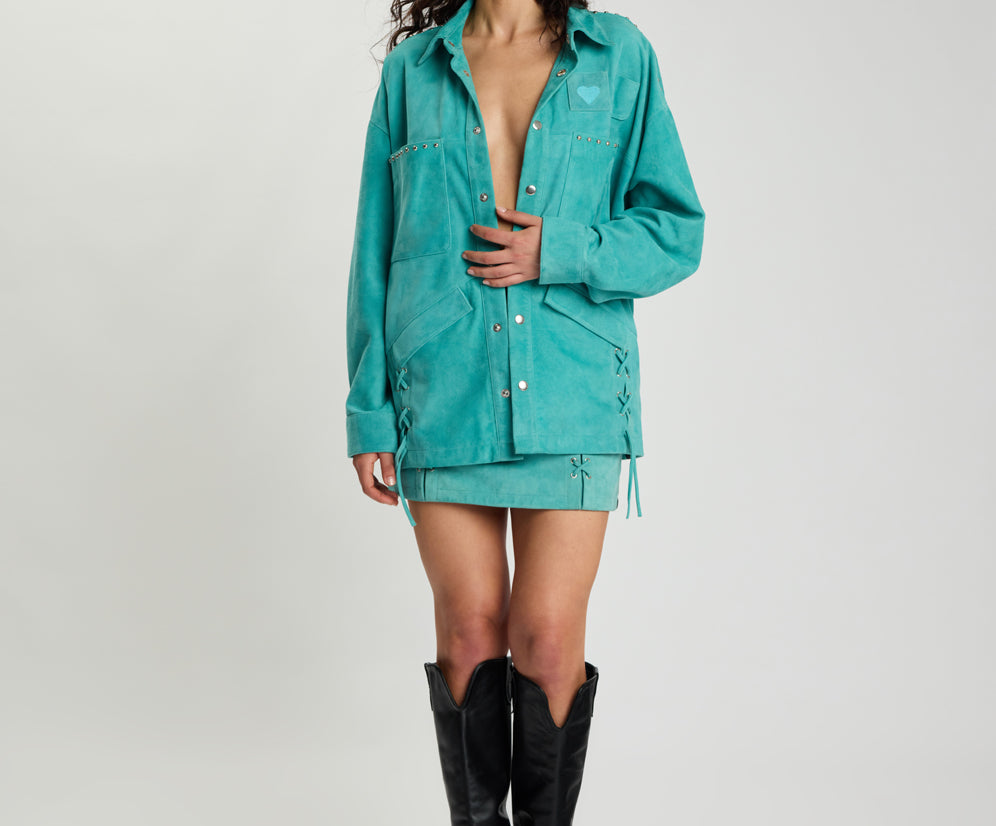 Cross My Heart Laced Suede Jacket - Mint Green